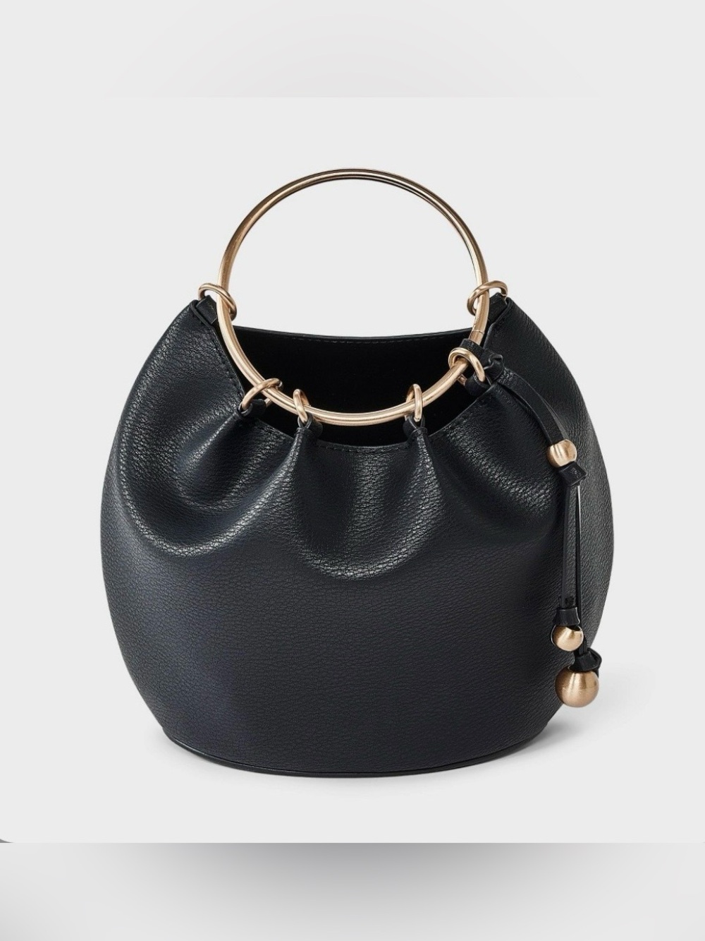 A New Day- Black Ring Handle Clutch Handbag Small Gathered